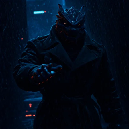 Dragonborn with trench coat in the rain running in the street with blade runner blaster pointing toward the camera, easynegative, Dragonborn, furry dragon, Blade runner, bldrnrblstr