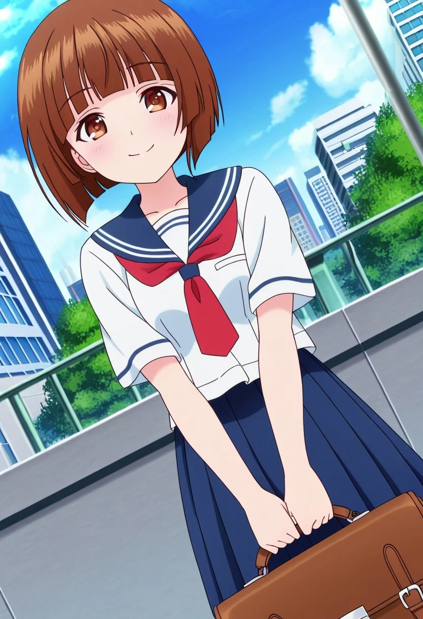 general,highres, ultra-detailed,very aesthetic,best quality ,best hands,best eyes,easynegative,
dynamic anglre, dutch angle, anime cloring,anime screencap,
1girl solo,looking at viewer,smile,city,holding school bag,
Chitose Nakai,brown_hair, hime cut, brown eyes, small breasts, short body,short hair, serafuku,