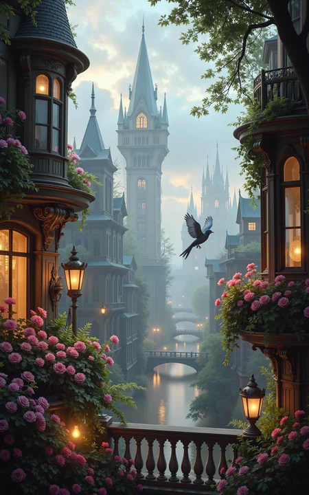 an enchanted balcony overlooking a fantastical steampunk city,tall ornate buildings with spires and bay windows stretching into the misty distance,floating botanical vessels hovering in the sky,golden light pouring from antique lanterns,lush pink flowers in full bloom,no characters,vivid style,
<lora:aidmaMJ6.1v0.4:0.6>,aidmaMJ6.1,<lora:AntiBlur:0.8>,