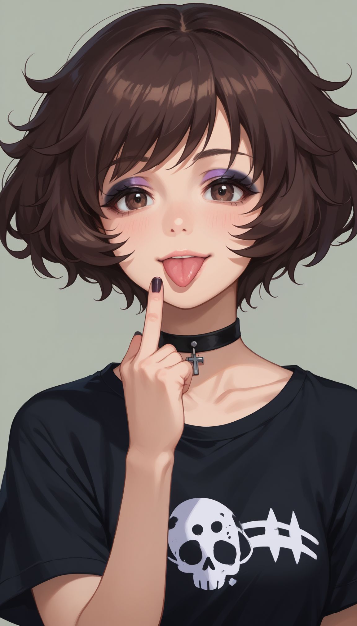 score_9, score_8_up, score_7_up, score_6_up, , solo, 20yo woman, (Beuty:1.1) , (cute:1.3), ,perfecteyes , seductive smile,perfect (photo realistic:1.2), (simple background:1.1), 
, black shirt, t-shirt, black choker, goth, eyeliner, eyeshadow double middle finger, tongue out, <lora:Akiyama:1> 1girl, akiyama yukari, short hair, messy hair, bangs, brown hair, brown eyes