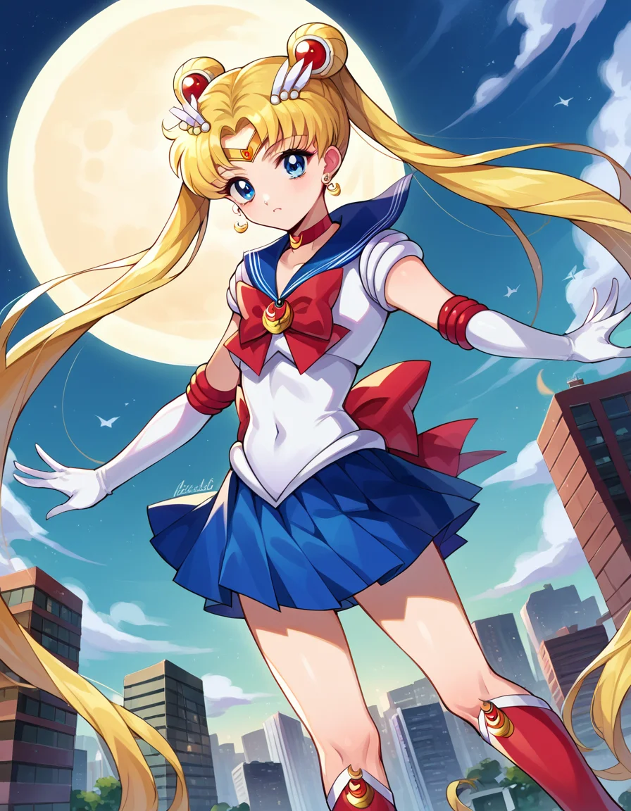 score_9, score_8_up, score_7_up, source_anime,
sailormoon, <lora:sailor-moon-ponyxl-lora-nochekaiser:1>
sailor moon, blonde hair, blue eyes, double bun, hair bun, hair ornament, long hair, twintails, circlet, parted bangs,
back bow, blue sailor collar, blue skirt, boots, bow, brooch, choker, crescent moon, elbow gloves, gloves, jewelry, knee boots, magical girl, pleated skirt, red bow, red choker, ribbon, sailor collar, sailor senshi uniform, skirt, white gloves,
outdoors, cityscape,
looking at viewer, cowboy shot, dutch angle,