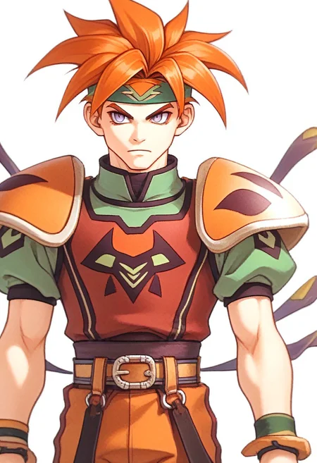 score_9, score_8_up, score_7_up, source_furry, FMW1, 1boy, (gradient eyes:1.5), terranigmark, spiky orange hair, pauldrons with faces, jeweled headband, print shirt, green sleeves, bracelets, belt with dangling straps, red baggy pants, fe10portraits, portrait, white background