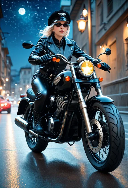 SmoothNoob_Quality, realistic, realistic textures, 1girl, black leather jacket, sunglasses, hat, combat boots, riding motorcycle, speeding, chromatic aberration, motion lines, biker, big motorcycle, Harley Davidson motorcycle, detailed background, moonlight, starry sky,