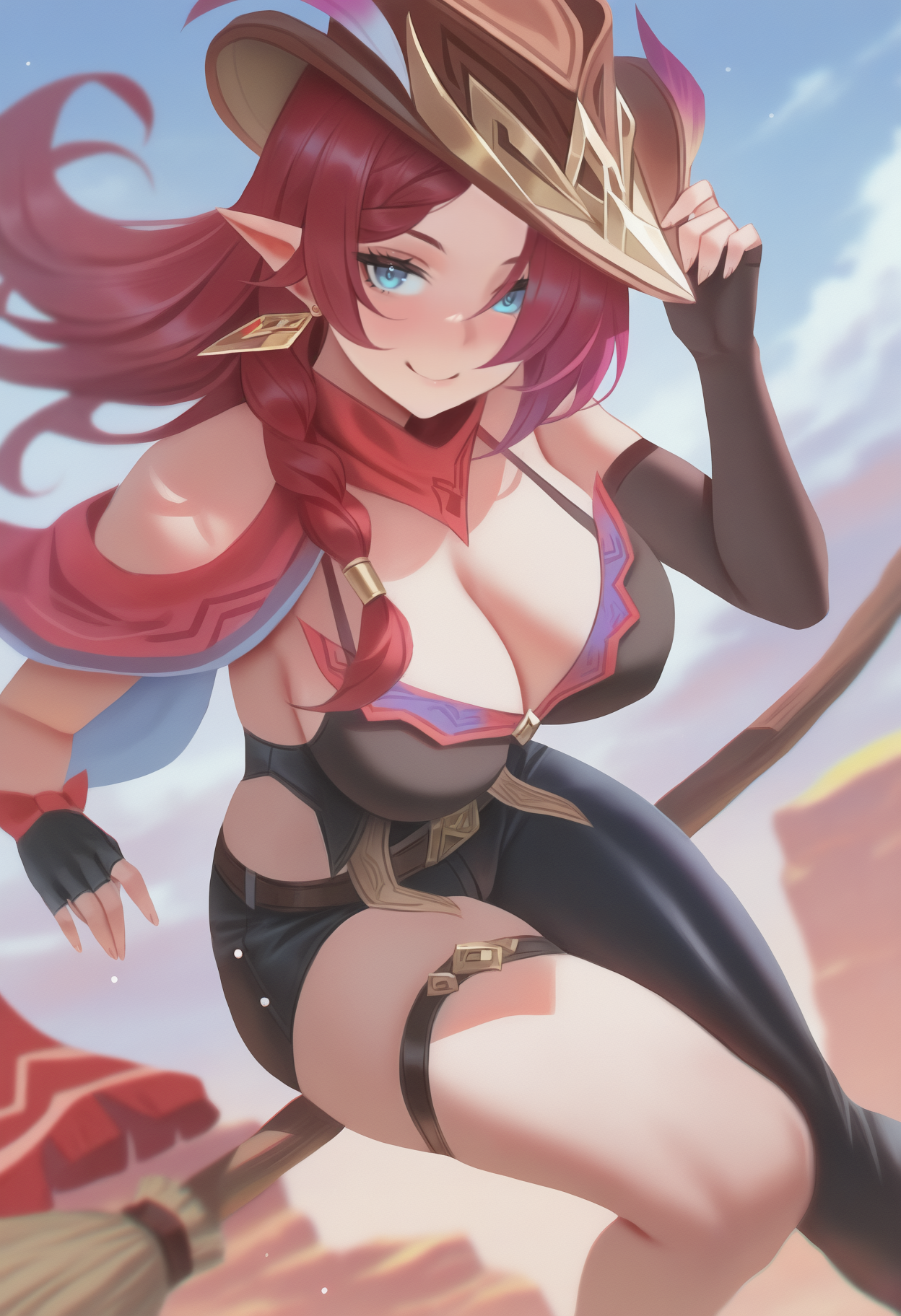 (unfairr:0.7), masterpiece, best quality, <break> film grain, solo, 1girl, ch4sca, smile, looking at viewer, flying, broom riding, long hair, red hair, side braid, floating hair, brown headwear, cowboy hat, tricorne, hat feather, pointy ears, blue eyes, black shirt, sleeveless shirt, asymmetrical gloves, black gloves, elbow gloves, fingerless gloves, black pants, single pantsleg, thigh strap, earrings, bare shoulders, cleavage, large breasts, blue sky, cloud
<segment:yolo-Anzhc Face seg 640 v2 y8n.pt,0.4,0.5//cid=1>