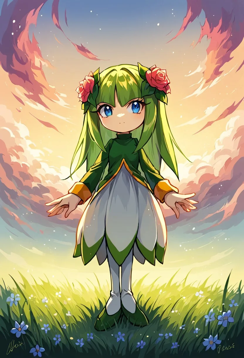 BREAK Score_9, Score_8_up, Score_7_up, source_anime, 1girl, alone, cosmothesendria, blue eyes, grass, sunset, perfecteyes, (negative_hand),