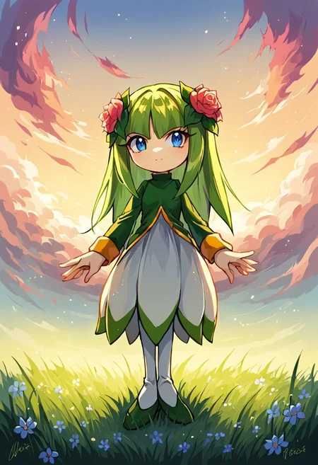 BREAK Score_9, Score_8_up, Score_7_up, source_anime, 1girl, alone, cosmothesendria, blue eyes, grass, sunset, perfecteyes, (negative_hand),