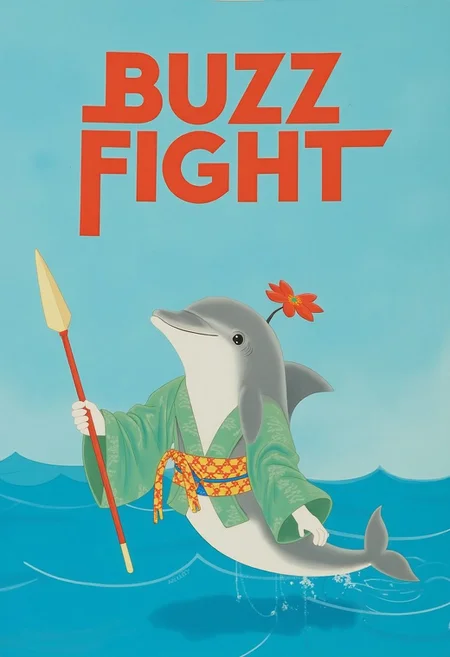 realistic japanese painting by konoshimaO, the ocean background,
a dolphin wearing the kimono and holding a spear.
the impressive text reads "BUZZ FIGHT".