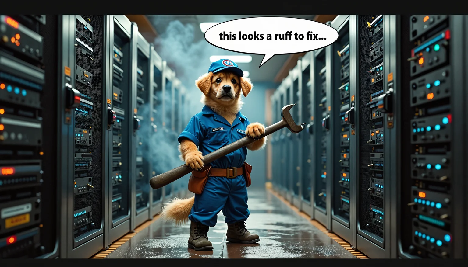 A dog dressed as a plumber trying to fix a computer server farm with a plunger, meme style, semirealistic, photography