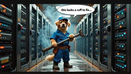 A dog dressed as a plumber trying to fix a computer server farm with a plunger, meme style, semirealistic, photography