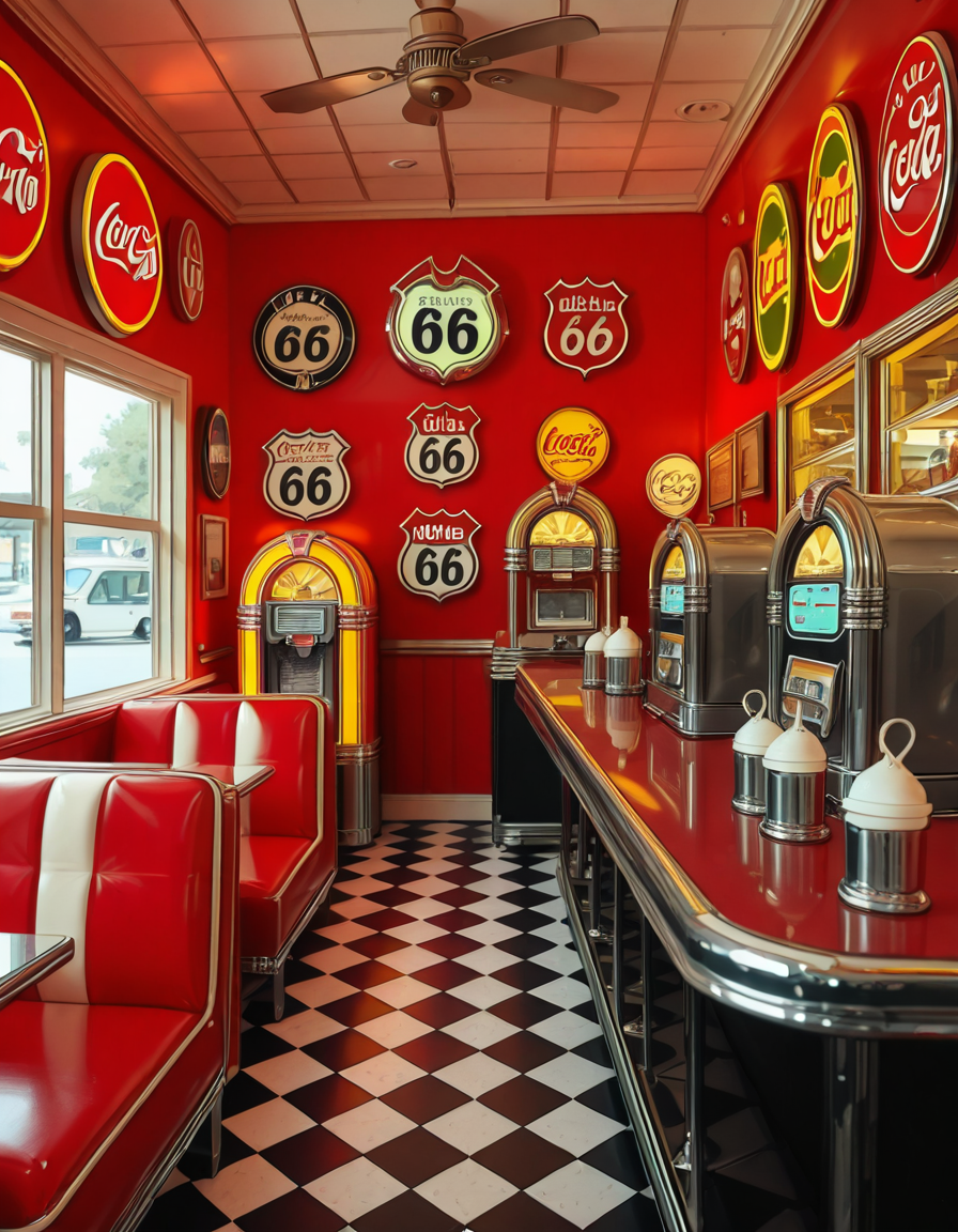 A classic 1950s American diner with a nostalgic retro atmosphere. The interior features red and white leather booth seating, chrome-trimmed tables, and a long counter with matching red barstools. A vintage jukebox with colorful neon lights stands against the wall, ready to play rock 'n' roll hits. The checkered black-and-white floor contrasts with pastel-colored walls adorned with Coca-Cola signs, Route 66 memorabilia, and classic diner menus. A row of shiny chrome napkin dispensers and glass salt and pepper shakers sit neatly on the tables. A milkshake machine and an old-fashioned soda fountain rest behind the counter, next to a vintage cash register. Large windows let in soft daylight, reflecting off the gleaming surfaces, creating a warm and inviting retro ambiance.
<lora:SDXLFaeTastic2400:0.4> <lora:extremely_detailed:0.4> extremely detailed,1950s American d1n3r, <lora:1950s_American_d1n3r-i:1>, Masterpiece,best quality,hi res,8k,hi res,8k,award winning,(sharp focus, intricate, highly detailed),