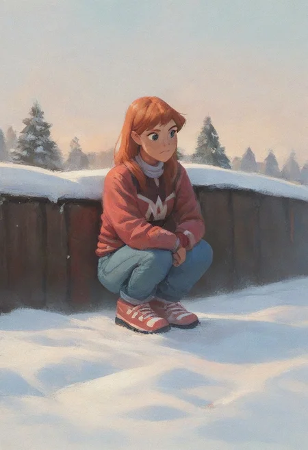 score_9, score_8_up, score_7_up, score_6_up, score_5_up, score_4_up, rating_safe, masterpiece monet painting, julie_power, squatting in the snow