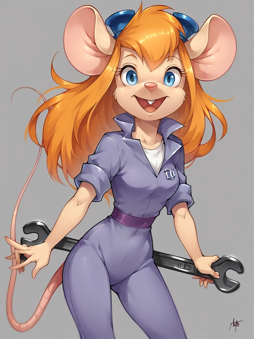 score_9, score_8_up, score_7_up, score_6_up, score_5_up, <lora:gadgetXLP:1> gadget, 1girl, solo, long hair, mouse tail, mouse ears, blue eyes, furry, buck teeth, orange hair, wrench