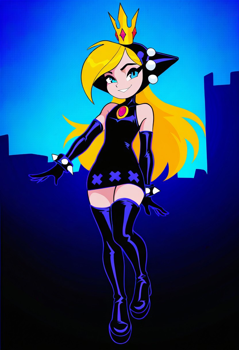 masterpiece, best quality, very aesthetic, absurdres,
outdoors,
full body, seductive smile, parted lips, long eyelashes,
 <lora:WaPeach_v01_NAIXL:1>
W4P34ch,1girl,solo,long hair,blonde hair,crown,blue eyes,bare shoulders,black dress,black elbow gloves,spiked bracelet,knee boots,W4P34ch,1girl,solo,long hair,blonde hair,crown,blue eyes,bare shoulders,dress,elbow gloves,spiked bracelet,thigh boots,