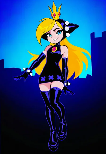 masterpiece, best quality, very aesthetic, absurdres,
outdoors,
full body, seductive smile, parted lips, long eyelashes,
<lora:WaPeach_v01_NAIXL:1>
W4P34ch,1girl,solo,long hair,blonde hair,crown,blue eyes,bare shoulders,black dress,black elbow gloves,spiked bracelet,knee boots,W4P34ch,1girl,solo,long hair,blonde hair,crown,blue eyes,bare shoulders,dress,elbow gloves,spiked bracelet,thigh boots,