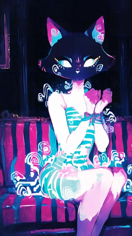 1girl, bound wrists, vibrant colors, newest, glowing dress, rim lighting, sitting on a striped couch, fierce, cat ears,
<lora:MSMLN-IL:0.8> MSMLN <lora:ck-neon-retrowave-IL:0.6> in the style of ck-rw <lora:748cmSDXL:1> 748cmstyle