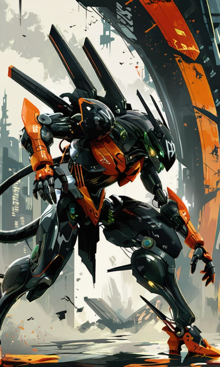 A highly detailed futuristic mecha robot with a sleek black and orange design covered in graffiti glowing green eyes and a dynamic pose,   <lora:- NAI - ac_illustration_V1.0-step00011000:.4>  <lora:- NAI - PdJ_highres_counterweight_V.2.0-step00021000:0.7>  <lora:- iLL - the_edgy_mech_V3.0:0.4>