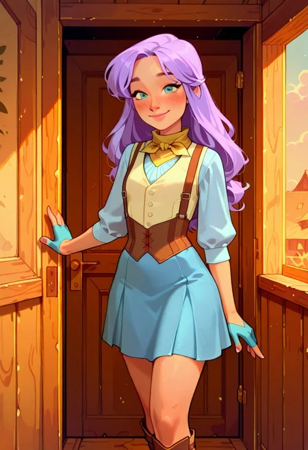 score_9, score_8_up, score_7_up, score_6_up, imogen temult, 25 year old, source_western
cyan dress, cream vest, long purple hair, freckles, yellow scarf, bare legs, ((long)) blue skirt, boots, suspenders, half gloves, long hair
1 girl, standing, inside, cowboy shot, smile
easynegative
ExpresHGothicNeonIncase
4s0r4,