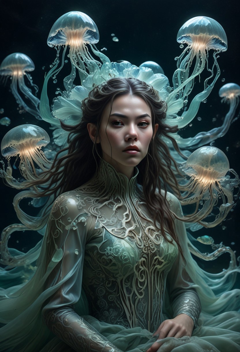 long mid shot portrait photography of an ethereal warrior, (glowing runes: 1.1), fairytale aesthetic. light green sheme, Photorealistic, intricate details, realism, sfw, ultrasharp,photography, floating, dress, water, under water, jellyfish, haute couture, tentacles, bioluminescence