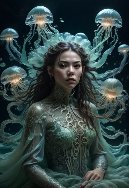 long mid shot portrait photography of an ethereal warrior, (glowing runes: 1.1), fairytale aesthetic. light green sheme, Photorealistic, intricate details, realism, sfw, ultrasharp,photography, floating, dress, water, under water, jellyfish, haute couture, tentacles, bioluminescence