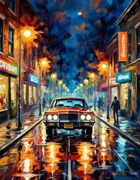 ssf_4bstr4ct painting of a 70s car parked on a city street at night