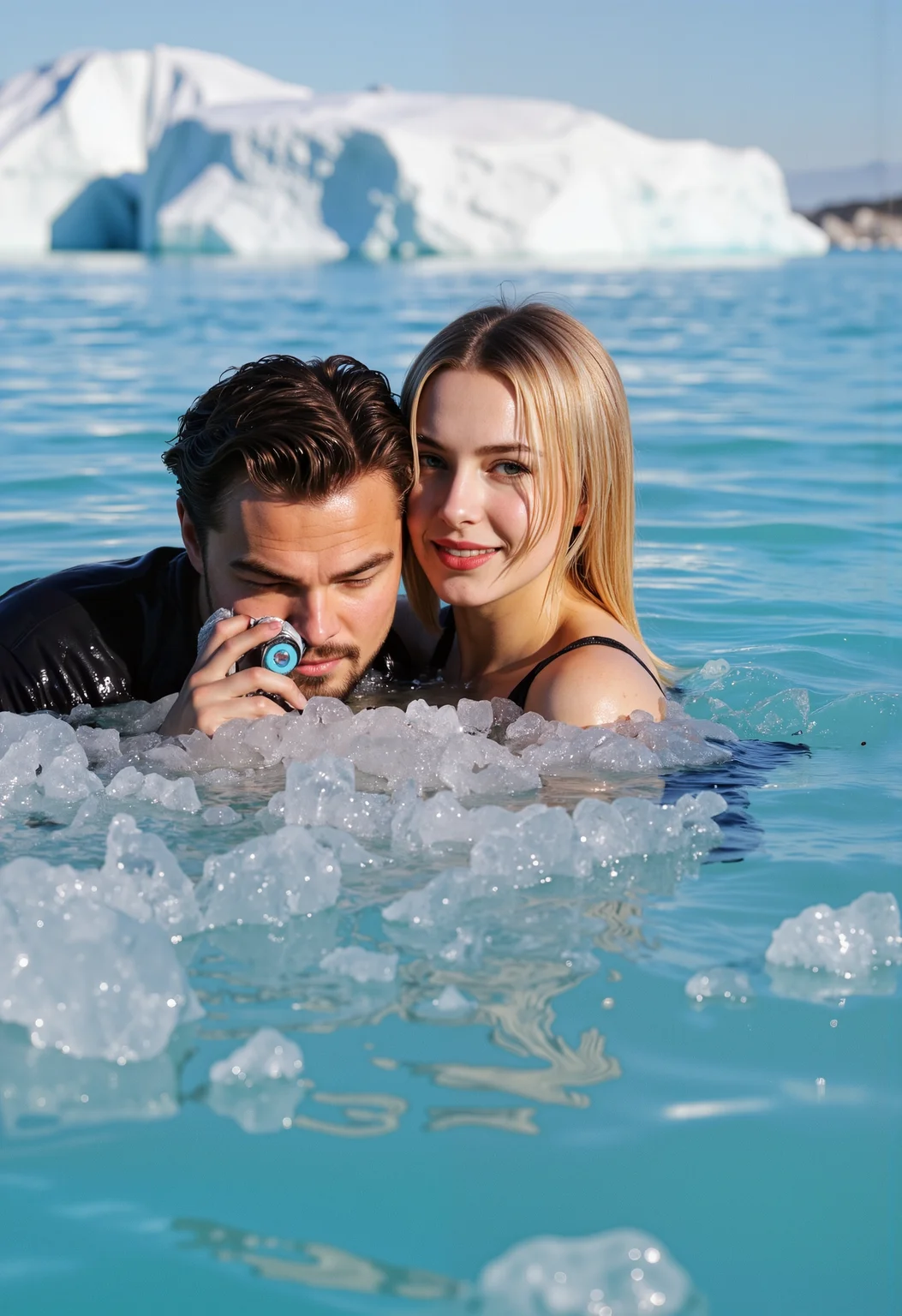 âï¸ ÐÑÐ¾Ð¼Ñ: Young Leonardo DiCaprio and Kate Winslet make a selfie with a smartphone, floating in ice waters. Joy, in the background, the titanium and iceberg are drowning. Ice, icy hairstyles