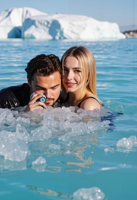 âï¸ ÐÑомÑ: Young Leonardo DiCaprio and Kate Winslet make a selfie with a smartphone, floating in ice waters. Joy, in the background, the titanium and iceberg are drowning. Ice, icy hairstyles
