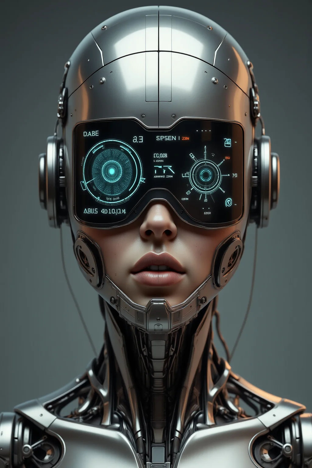 yfg-sm0rg, Android girl, pixel face, screen face, robot body, metal skin.