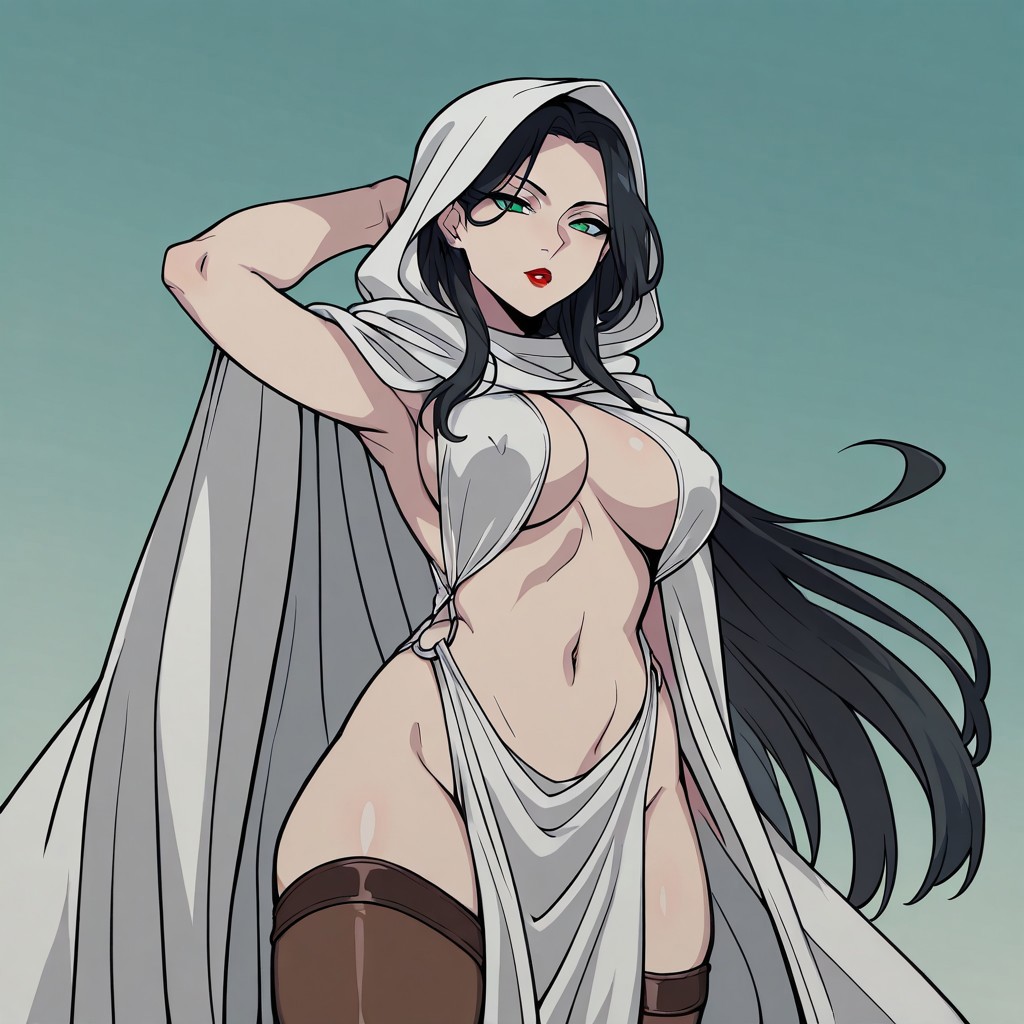 Masterpiece,best quality,limited color palette,lineart,vector art,1girl, solo, cowboy shot, (F4L4NG13S), long hair, black hair, green eyes, armpits, large breasts, cleavage, covered nipples, hood, large breasts, red lips, makeup, navel, thighhighs, sandals, toeless legwear, o-ring, looking at viewer, outstretched arm, large breasts, milf, white clothing, brown thigh highs, leather thighhighs, blue sky