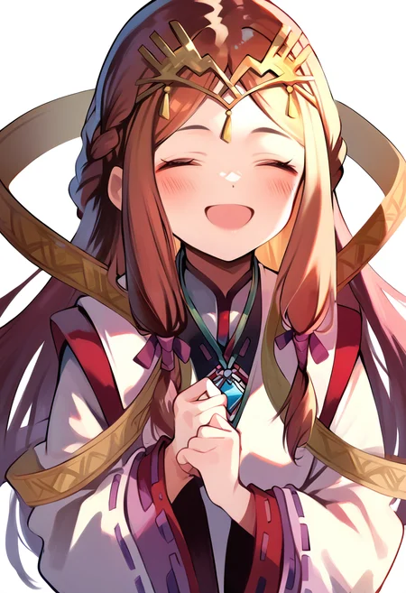(score_9:0.9),score_8_up,score_7_up,anime style,rating_safe,(zPDXL),<lora:XB2 Lora and Haze ponyXL v1:0.77>,haze_xb2,miko costume,long sleeves,1girl,solo,closed eyes,simple background,blush,open mouth,white background,smile,