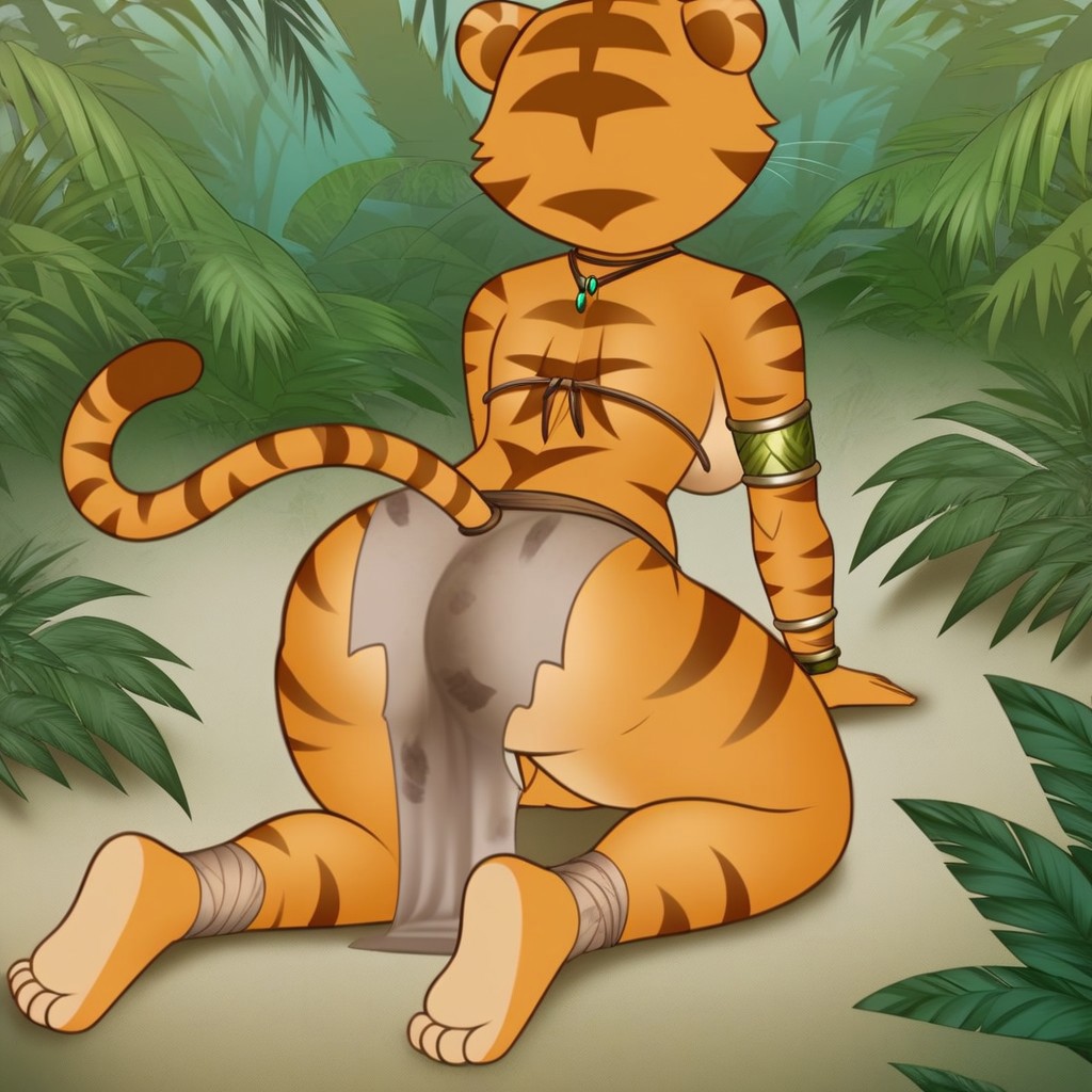 Collette, 1girl, solo, anthro, tiger, soft orange fur, darker tiger stripes on her head, arms, and tail, barefoot, closed mouth, thick thighs, barefoot, breasts, ((tits)), legs together, outdoors, jungle background, crawling, all fours, backside, representing butt, ((behind view, backview,)) faceless female, dirty, covered in mud, loincloth, ankle wrap, armlet, bracelet