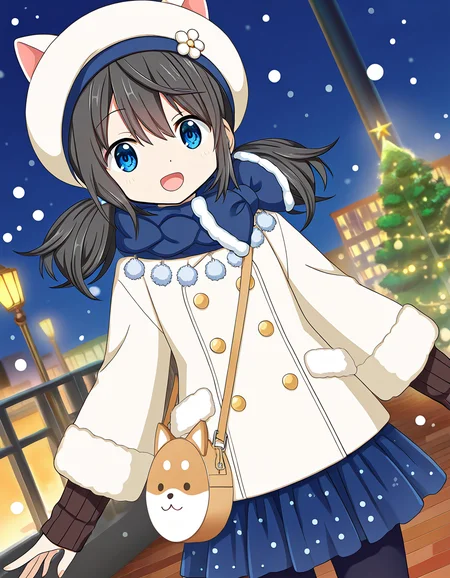 masterpiece, best quality, newest, absurdres, highres, safe, 1girl, chiaki riko \(winter costume\), magia record: mahou shoujo madoka magica gaiden, pantyhose, solo, open mouth, snowing, outdoors, dutch angle, <lora:chiaki_riko_noobaiXLNAIXL_vPred10Version:0.7>