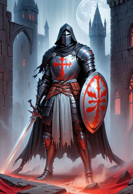 black armor, black knight, score_10, score_9, score_9_up, score_8_up, score_7_up, masterpiece, best quality, duo focus, multiple_boys, 2boys,, two figures, 1980s Fantasy Style, knight, gothic, full plate armor, armor, black, cloak, hood, sword, heavy armor, shield, ghost, reflection, spirit, translucent, red mist, paladin, fighter, rogue, vivid color, castle,