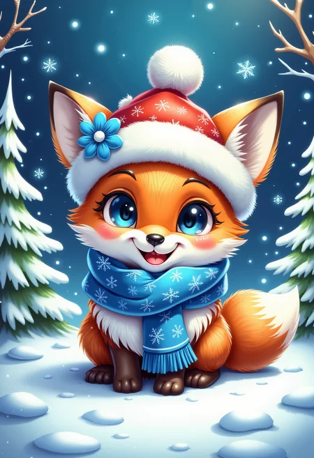 bo-christmas, christmas mood, a digital drawing in a vibrant, cartoonish style, it features a cute, anthropomorphic fox with large, expressive blue eyes and a cheerful expression, the fox is sitting on a snow-covered ground, surrounded by a winter wonderland, the background is a deep blue with snowflakes falling, creating a magical, ethereal atmosphere, in the foreground, there are tall, snow-capped pine trees with white tops, their branches reaching towards the sky, the trees are adorned with blue and white snowflake patterns, adding to the festive, winter theme, on the fox's head, there is a red santa hat with a white fur trim, adorned with a blue flower and a white pom-pom, the scarf it wears is blue with white geometric patterns, and it is wrapped around its neck in a cozy, festive manner, the overall color palette is warm and inviting, with soft, pastel hues that enhance the cozy, wintery feel of the scene, the texture of the snow is smooth and polished, while the fur and fur are detailed with a soft, fluffy texture, the image exudes a sense of warmth and joy, with a touch of whimsy and enchantment, high quality, ultra detailed, colorful, abstract, fantasy.<lora:Flux Christmas Dreams Lora\Christmas Dreams_epoch_5.safetensors:1.0:1.0>