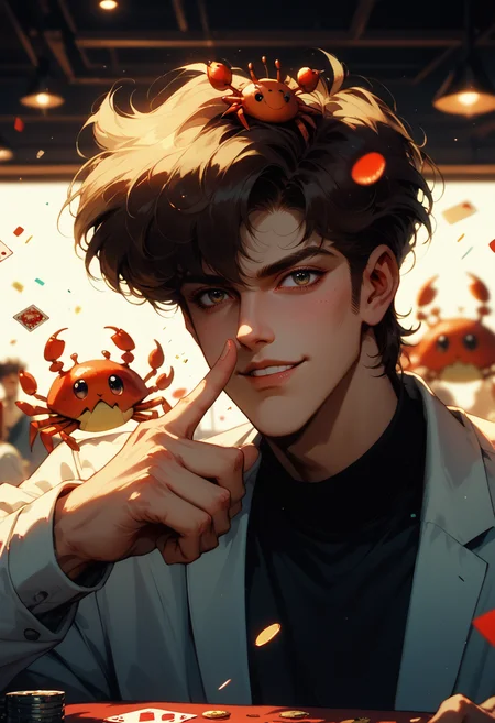 (score_9, score_8_up), score_7_up, 1boy, clear card, sprinkles, eye of providence, kirara jump, knives between fingers, finger to own chin, mac 10/11, submarine sandwich, crab on head, double thumbs up,
Depth of field, blurring background, cinematic lighting, retro
<lora:nostalgia-000011:0.6>