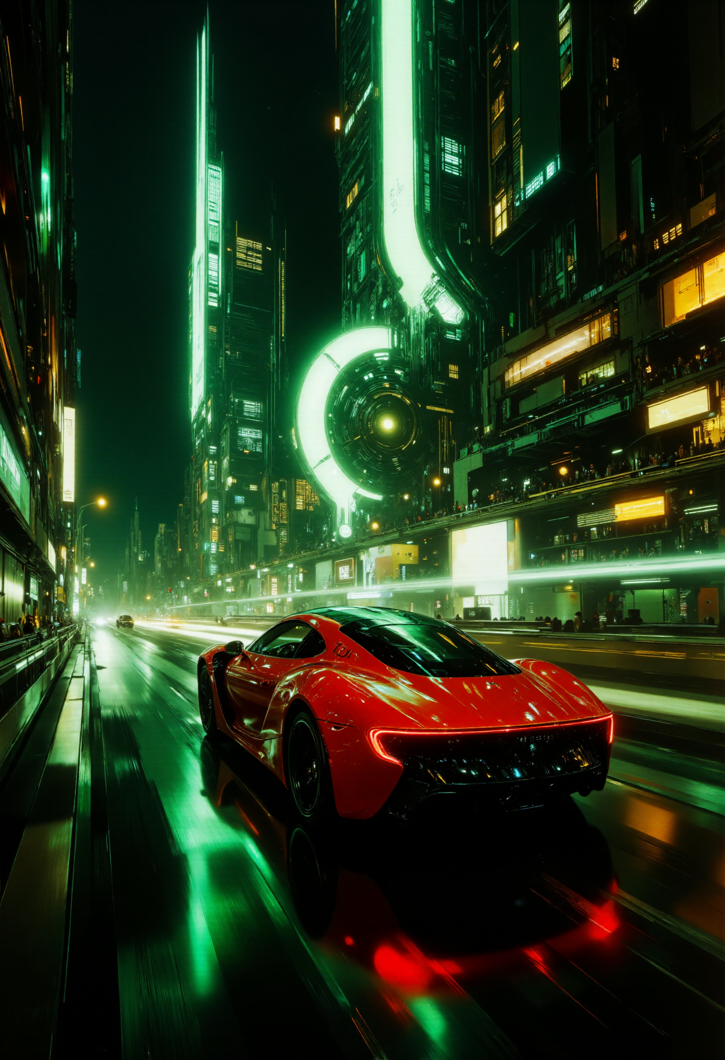 highest details, ultra hyper realism. highly detailed and realistic. intricate and highly professional artwork, an absolute masterpiece. dramatic lighting.
This is a high-quality CGI image showcasing a futuristic, neon-lit cityscape with a sleek, red sports car driving on an elevated highway. The city features tall, intricate buildings with glowing lights and a blend of organic and geometric designs, reminiscent of cyberpunk aesthetics. The sky is dark, adding to the dramatic lighting. The camera angle is slightly elevated, capturing the car in motion with a shallow depth of field that blurs the background, focusing on the car and the immediate surroundings. The overall aesthetic quality is very high, with detailed textures and vibrant, warm lighting creating an immersive, visually stunning scene.
<lora:artilands_v02_epoch_6:1> artilands02