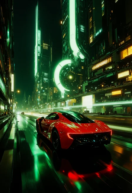 highest details, ultra hyper realism. highly detailed and realistic. intricate and highly professional artwork, an absolute masterpiece. dramatic lighting.
This is a high-quality CGI image showcasing a futuristic, neon-lit cityscape with a sleek, red sports car driving on an elevated highway. The city features tall, intricate buildings with glowing lights and a blend of organic and geometric designs, reminiscent of cyberpunk aesthetics. The sky is dark, adding to the dramatic lighting. The camera angle is slightly elevated, capturing the car in motion with a shallow depth of field that blurs the background, focusing on the car and the immediate surroundings. The overall aesthetic quality is very high, with detailed textures and vibrant, warm lighting creating an immersive, visually stunning scene.
<lora:artilands_v02_epoch_6:1> artilands02