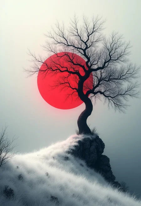 Abstract, white fleecy hill, sprawling black and white tree, red neon disk shining on a white and gray sky, abstract nature, digital art, digital art, ultra detail