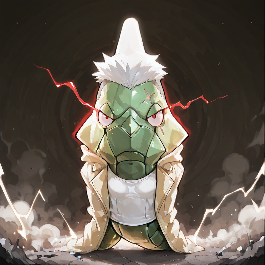 green metapod, full body, slightly turned, front view, no hands, no arms, no legs, no feet, cross scar, x scar, scar on face, scar across both eyes, white short hair, undercut hair, dorsal fin, tan yellow collared jacket, white tank top, no pants, red glowing eye, frown, looking at viewer, anime, artwork, Fullmetal Alchemist, dark background with blue electricity, breaking bricks, destruction, dust