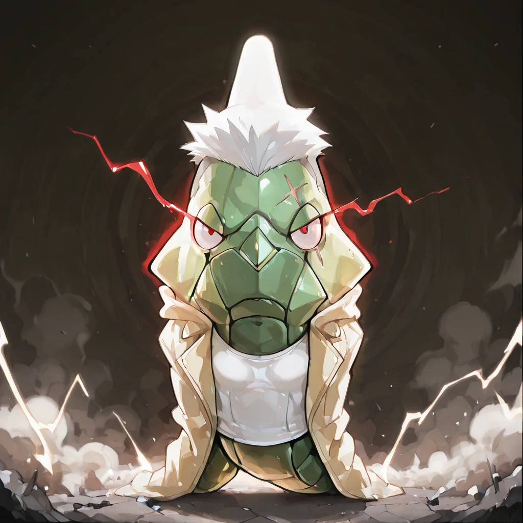 green metapod, full body, slightly turned, front view, no hands, no arms, no legs, no feet, cross scar, x scar, scar on face, scar across both eyes, white short hair, undercut hair, dorsal fin, tan yellow collared jacket, white tank top, no pants, red glowing eye, frown, looking at viewer, anime, artwork, Fullmetal Alchemist, dark background with blue electricity, breaking bricks, destruction, dust