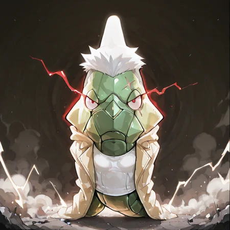 green metapod, full body, slightly turned, front view, no hands, no arms, no legs, no feet, cross scar, x scar, scar on face, scar across both eyes, white short hair, undercut hair, dorsal fin, tan yellow collared jacket, white tank top, no pants, red glowing eye, frown, looking at viewer, anime, artwork, Fullmetal Alchemist, dark background with blue electricity, breaking bricks, destruction, dust