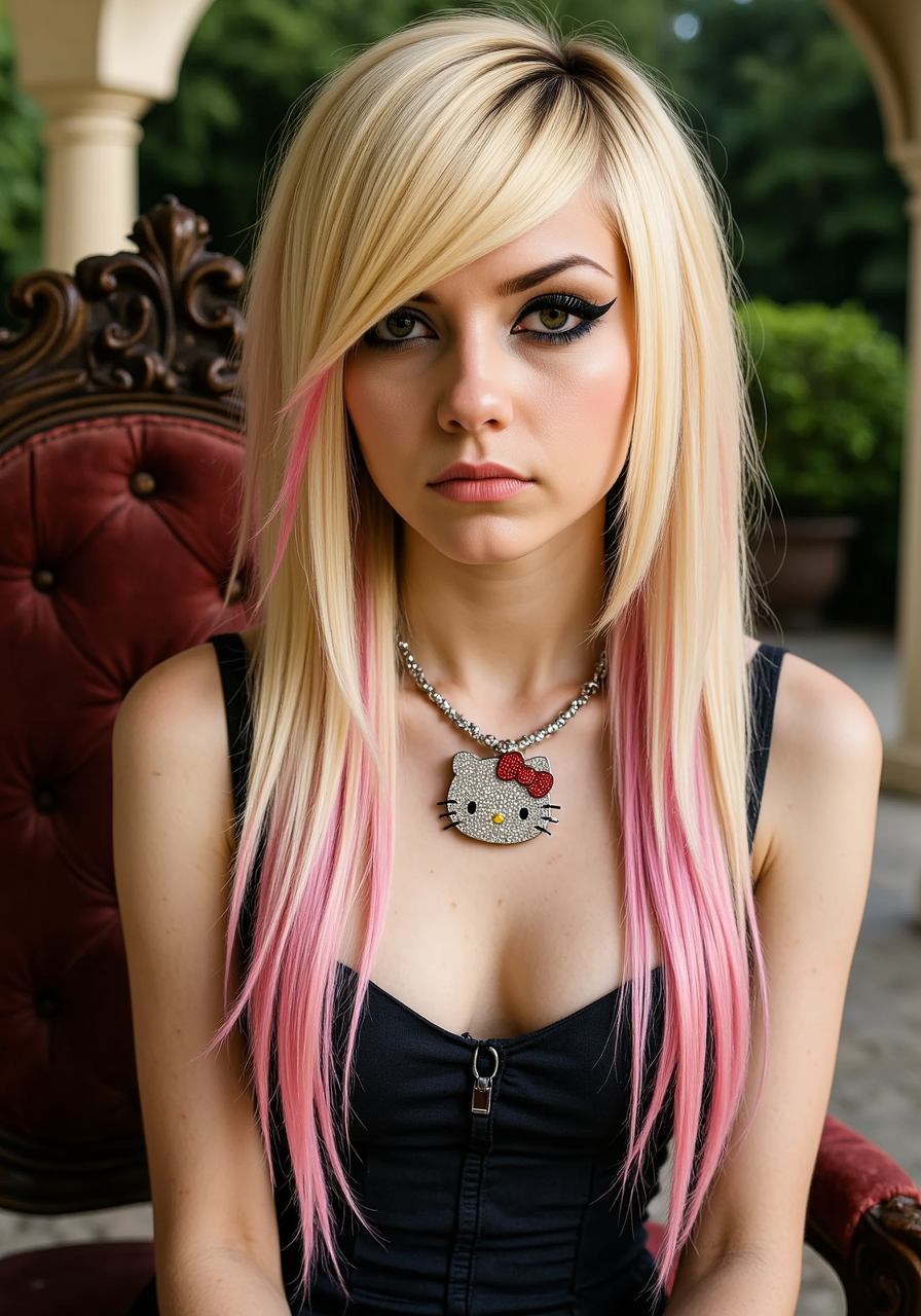 She has a distinctive 2000s scene/emo haircut: thick, sharply angled bangs that sweep across one eye, with long layered strands and long sidelocks that drape in front of her shoulders. Her eyes are framed by bold black winged eyeliner.young woman, she long emo haircut with long sideswept bangs, blonde hair with pink highlights, wearing a fancy dress, necklace with jewel encrusted hello kitty pendant, black eyeliner, long eyelashes, thin, pretty, sitting in a classical pose on a renaissance period chair with garden background<lora:2000s_Scene_Emo_Hair.safetensors:1.0:1.0>