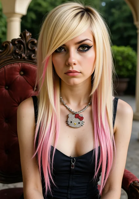 She has a distinctive 2000s scene/emo haircut: thick, sharply angled bangs that sweep across one eye, with long layered strands and long sidelocks that drape in front of her shoulders. Her eyes are framed by bold black winged eyeliner.young woman, she long emo haircut with long sideswept bangs, blonde hair with pink highlights, wearing a fancy dress, necklace with jewel encrusted hello kitty pendant, black eyeliner, long eyelashes, thin, pretty, sitting in a classical pose on a renaissance period chair with garden background<lora:2000s_Scene_Emo_Hair.safetensors:1.0:1.0>