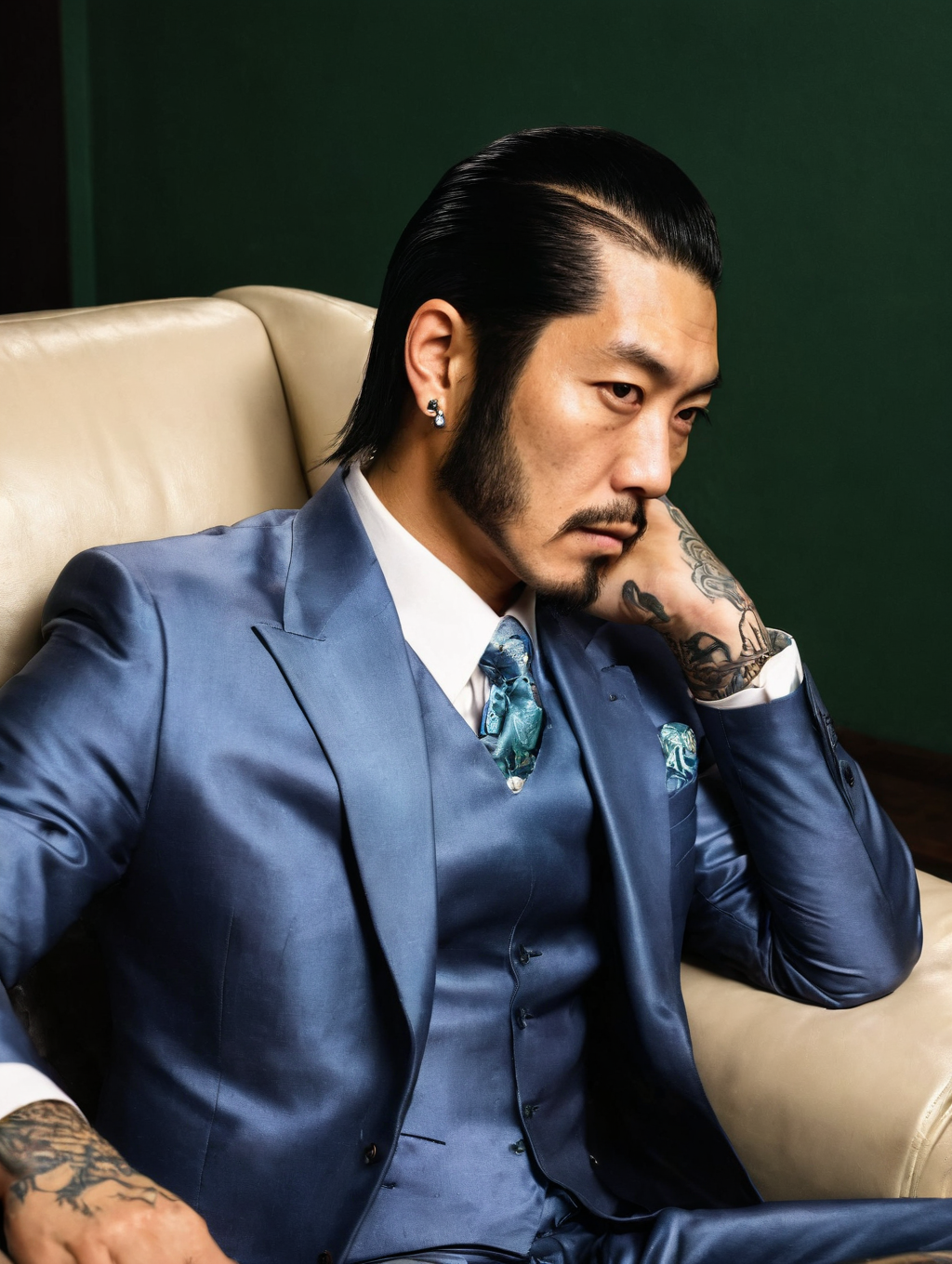 medium portrait of a japanese yakuza <lora:A_Sideburns_Cut:1.1>a_sideburns_cut,  side-burns, (mutton-chops:1.1), tatoos, (silk suit:1.3), sitting in leather chair, club background,