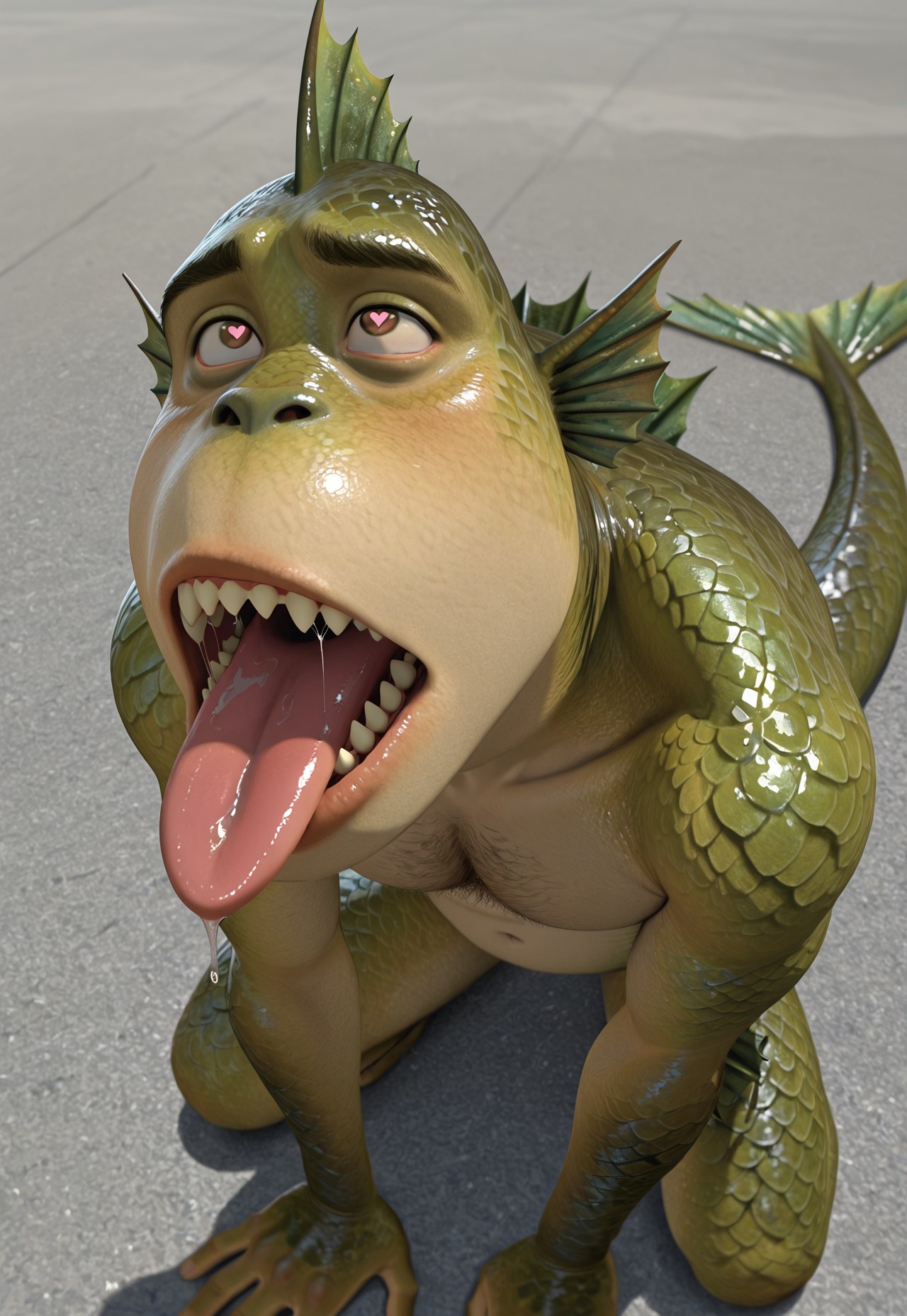 masterpiece, best quality, amazing quality, detailed background, intricate details, dynamic, cinematic, animated, anime realistic shading, solo, male focus, 1boy, handsome, tmlk, monster boy, green scales, two-tone skin, head fins, brown eyes, back fin, arm fin, chest hair, tail, heart shaped pupils, tongue out, sharp teeth, saliva, eye roll, ikigao, abstract background, from above