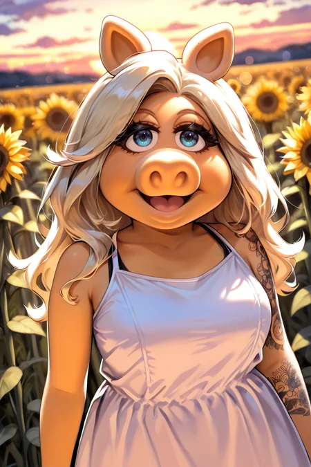 from above, dutch angle, masterpiece, best quality, cowboy shot,
1girl, solo, blue eyes, miss piggy, furry, long hair, upper body a photo of a woman wearing a sundress in a field of sunflowers at sunset, arm tattoo depth of field, blurry background
newest, absurdres, highres
<lora:Miss_Piggy_IL-000010:1>