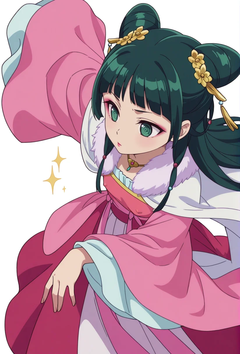 Smooth Quality,masterpiece,very intricate, high quality details, ultra realistic, high detailed skin,detailed enviorement,absurdres,
simple background, white background,solo,
from above,dancing, covered nipples,
@ @,
<lora:Maomao_CNR:0.8> maomao_cnr,green hair, long hair, green eyes, flat chest, maocourtesan_cnr,chinese clothes, hanfu, dress, robe, long sleeves, wide sleeves,hair ornament, red hair flower,jewelry, necklace, fur trim, makeup,eyeshadow, lipstick, sparkle, hair ringshair bun,