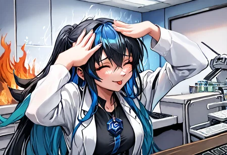 score_9, score_8_up, score_7_up, source_anime, (masterpiece, highres, best quality, 4k, very aesthetic), detailed background BREAK, ((karosu-maker \(style\), civitai-chan, 1girl, solo, solo focus, female only, AhEtoBlehMeme, closed eyes, tongue out, :p, hands on own head, smile)), (multicolored hair, black hair, blue hair, labcoat, shirt, single vertical stripe, black skirt, necklace) BREAK [SEP], ((computers, server rack+, on fire++, servers on fire++))