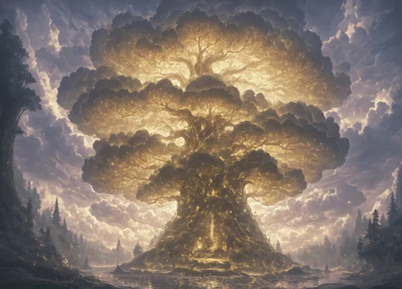 aidmaMJ6.1, digital art of a giant tree, endless forest around, sky filled with fluffy clouds and gold lights. Below, islands. The scene is bathed in soft, diffused gold light