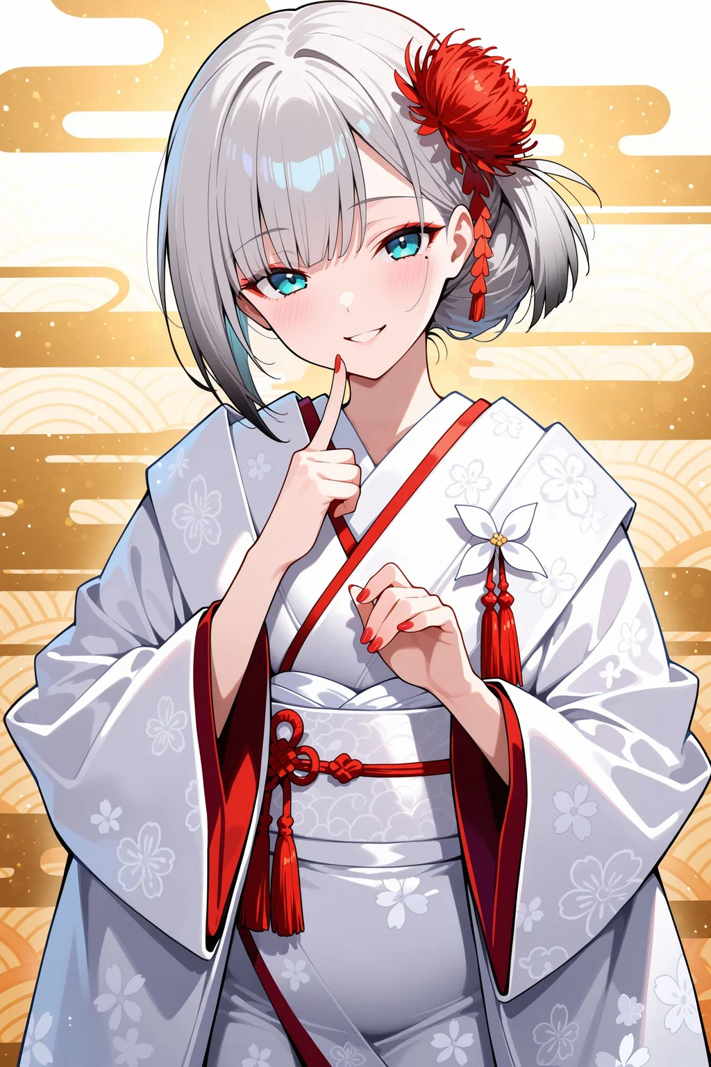 masterpiece, best quality, anime, 2d, 1girl, aqua eyes, red eyeshadow, mole under eye, grey hair, short hair, one side up, hair bun, hair flower ornament, uchikake, japanese wedding dress, white sash, tassels, wide sleeves, red nails, <lora:ShoukakuNBCAMEq4+1v1 AL:1>, abstract, absurdres, incredibly absurdres, establish, facing viewer, cowboy shot, shiny skin, abstract background, mature female, naughty face