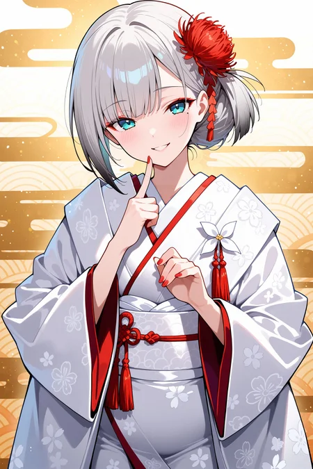 masterpiece, best quality, anime, 2d, 1girl, aqua eyes, red eyeshadow, mole under eye, grey hair, short hair, one side up, hair bun, hair flower ornament, uchikake, japanese wedding dress, white sash, tassels, wide sleeves, red nails, <lora:ShoukakuNBCAMEq4+1v1 AL:1>, abstract, absurdres, incredibly absurdres, establish, facing viewer, cowboy shot, shiny skin, abstract background, mature female, naughty face